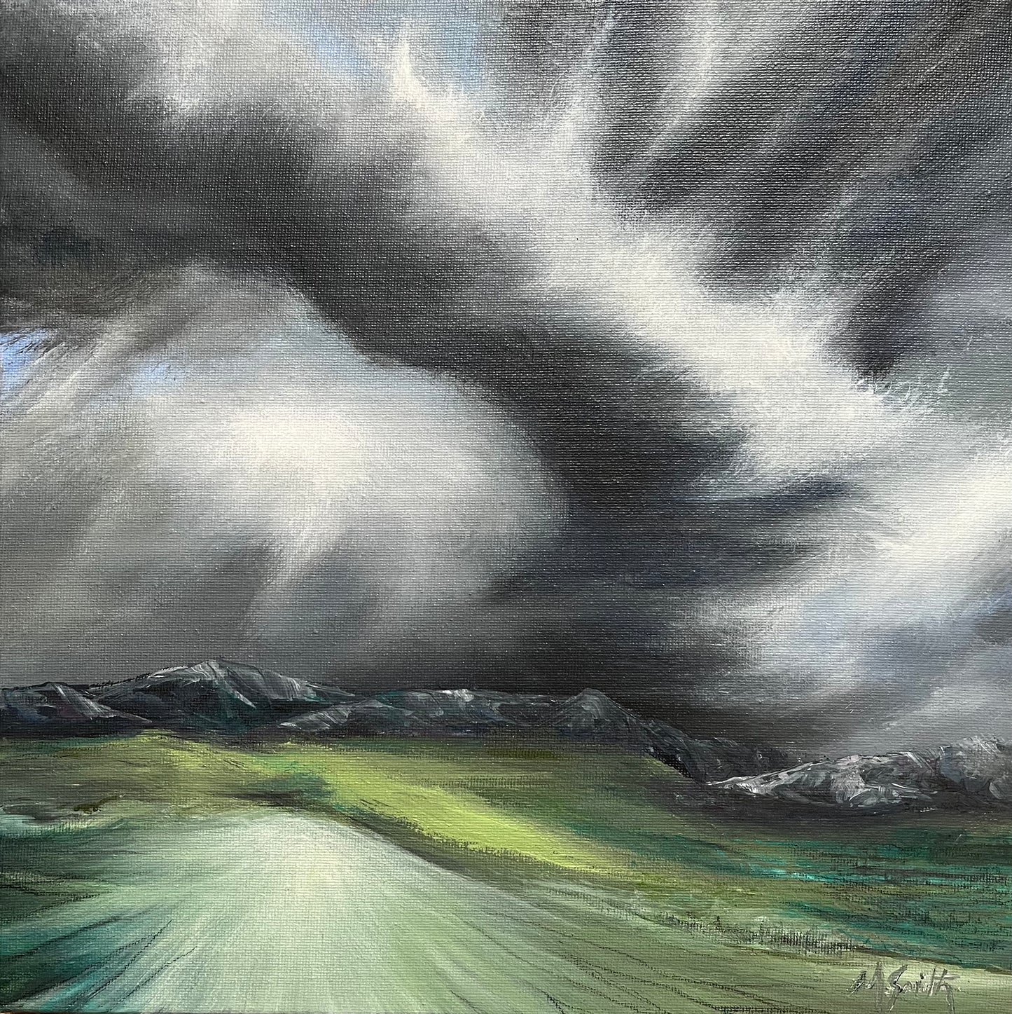Painting of a landscape with dark clouds and mountains