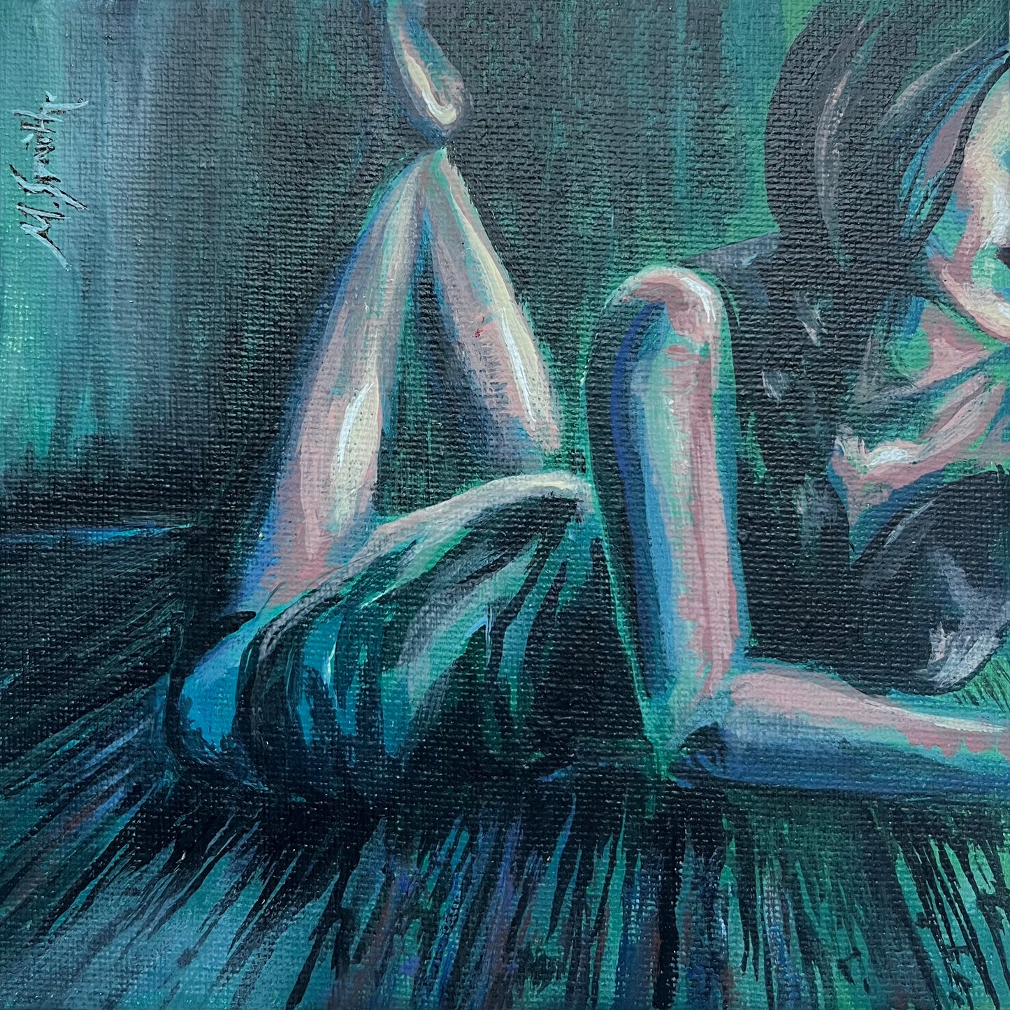 A detail view of a fine art print featuring a abstract, expressionistic depiction of a figure in a state of relaxation or contemplation, with predominantly dark and muted tones.