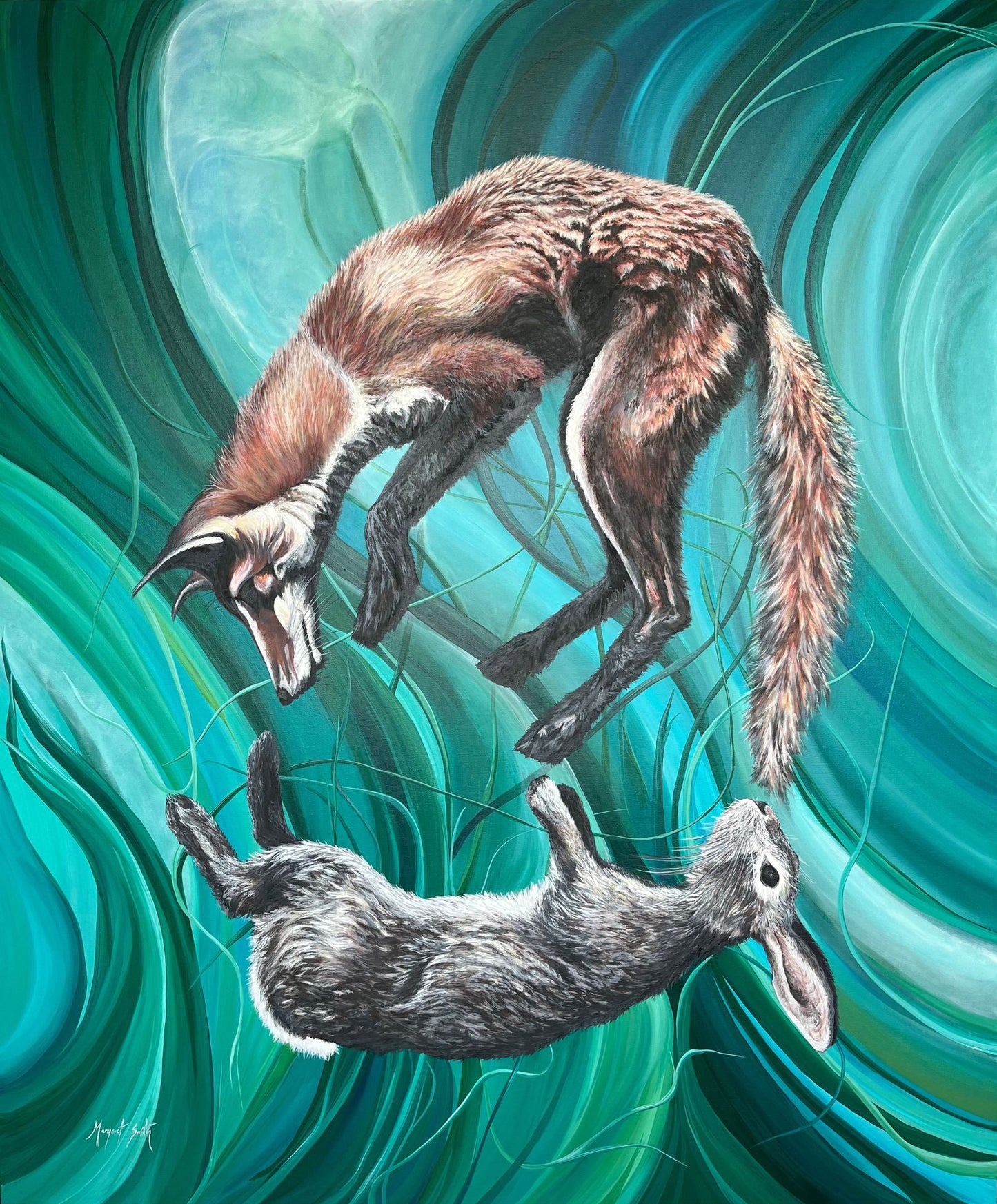 Artistic depiction of a fox and a rabbit on a teal abstract background