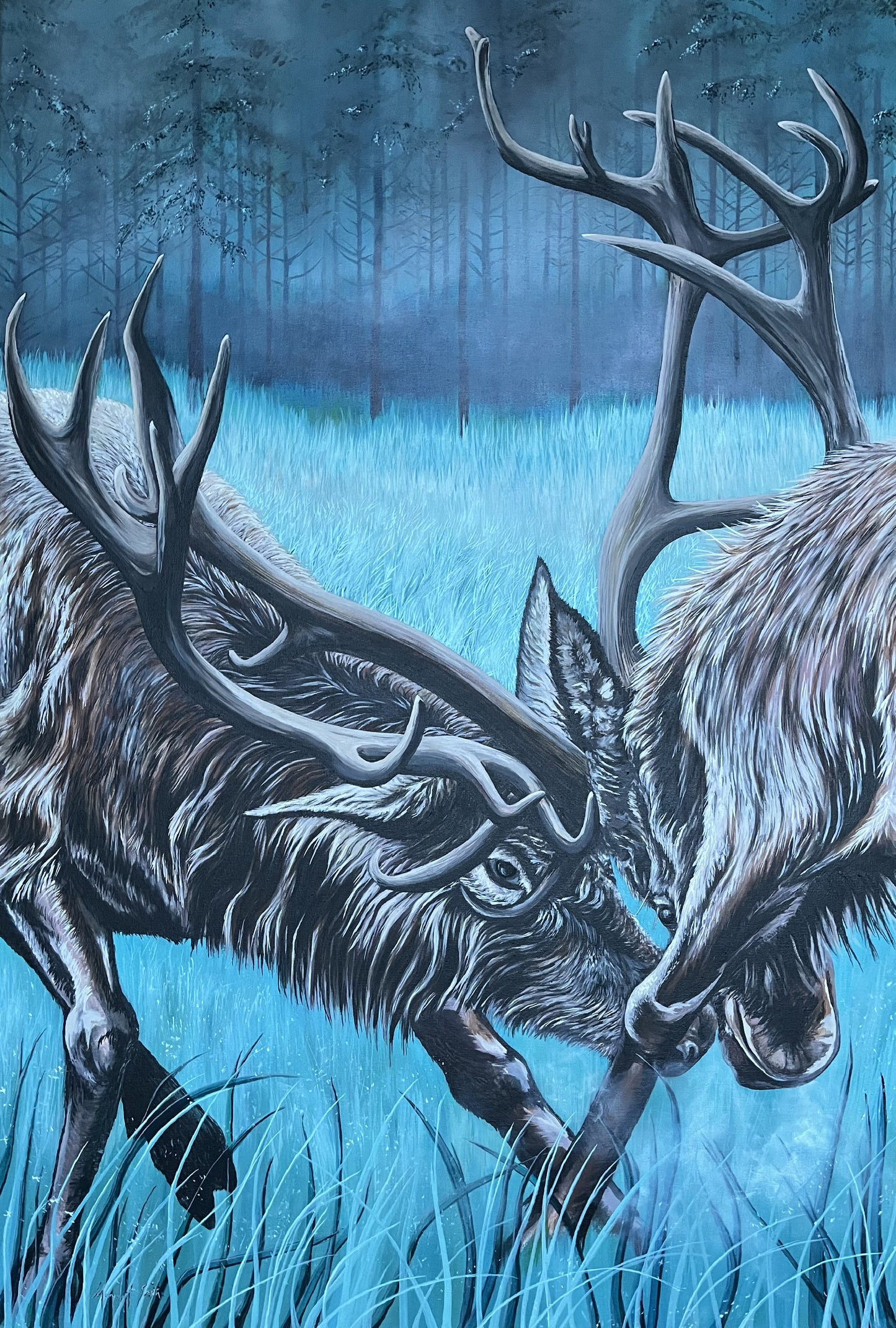 An acrylic painting on canvas featuring a pair of stags with large antlers fighting in a forest clearing, surrounded by a blue-hued background.  Contemporary Irish Art