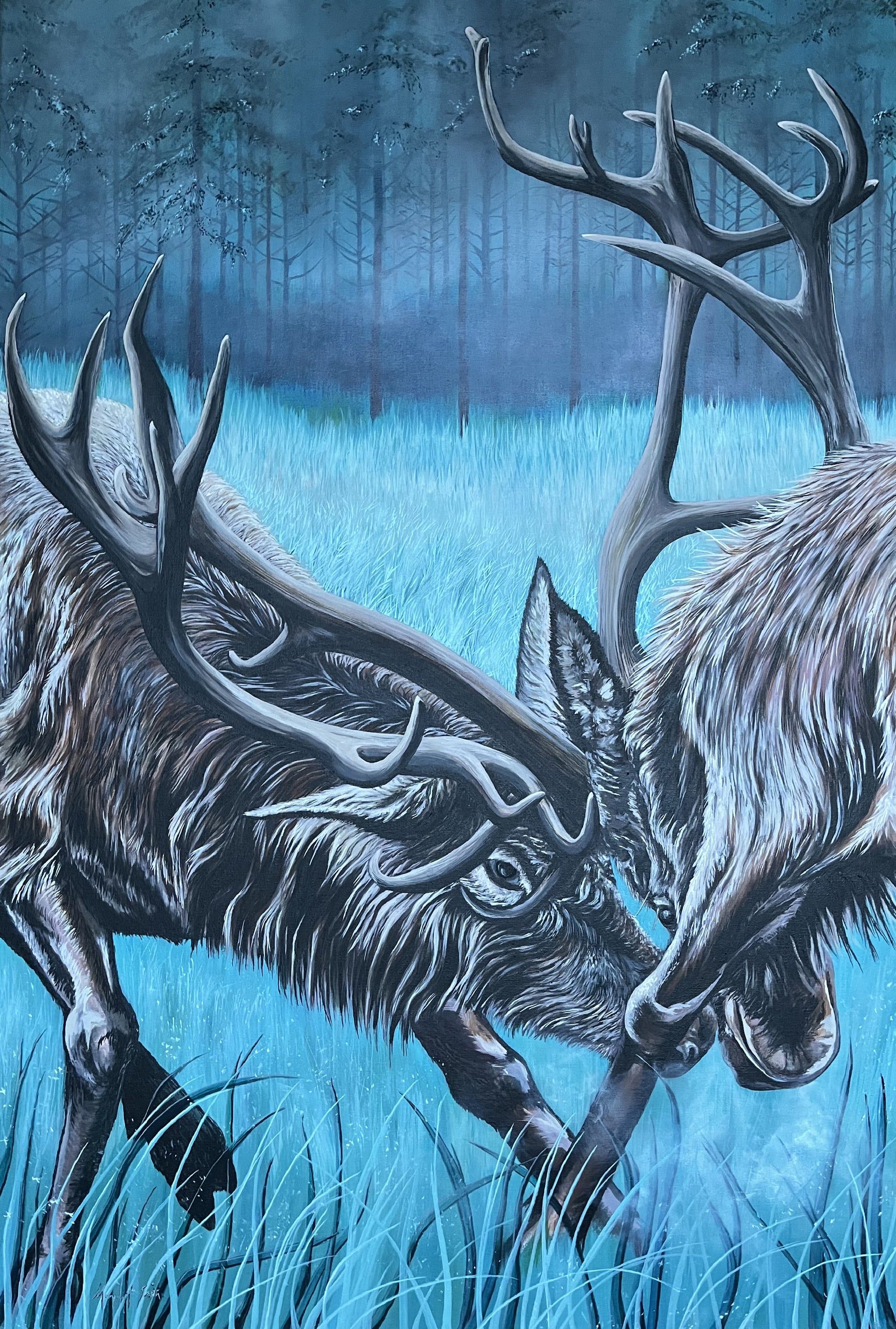 An acrylic painting on canvas featuring a pair of stags with large antlers fighting in a forest clearing, surrounded by a blue-hued background.  Contemporary Irish Art