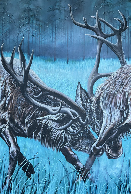 An acrylic painting on canvas featuring a pair of stags with large antlers fighting in a forest clearing, surrounded by a blue-hued background.  Contemporary Irish Art