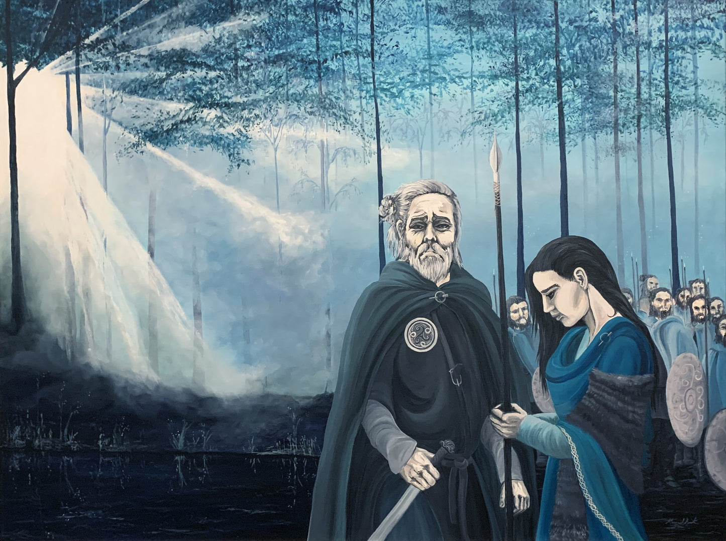 Original painting featuring an artistic depiction of an ancient people and Irish landscape with a figure holding a sword and another figure with a blue cloak standing near, with warriors in the misty forest background.  Painting by Irish artist Margaret Smith