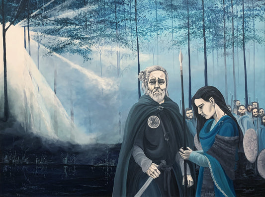 Original painting featuring an artistic depiction of an ancient people and Irish landscape with a figure holding a sword and another figure with a blue cloak standing near, with warriors in the misty forest background.  Painting by Irish artist Margaret Smith