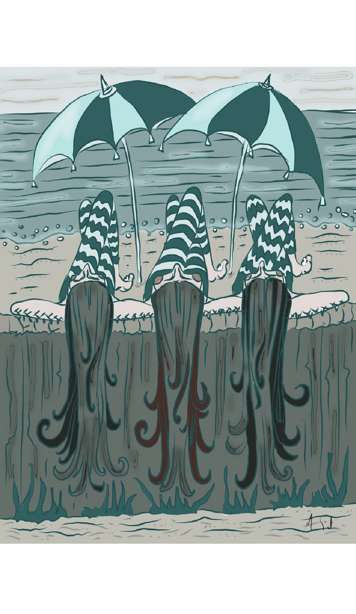 A limited edition fine art print featuring hand-drawn illustrations of figures with striped umbrellas and flowing hair on a background that resembles a beach scene at low tide.
