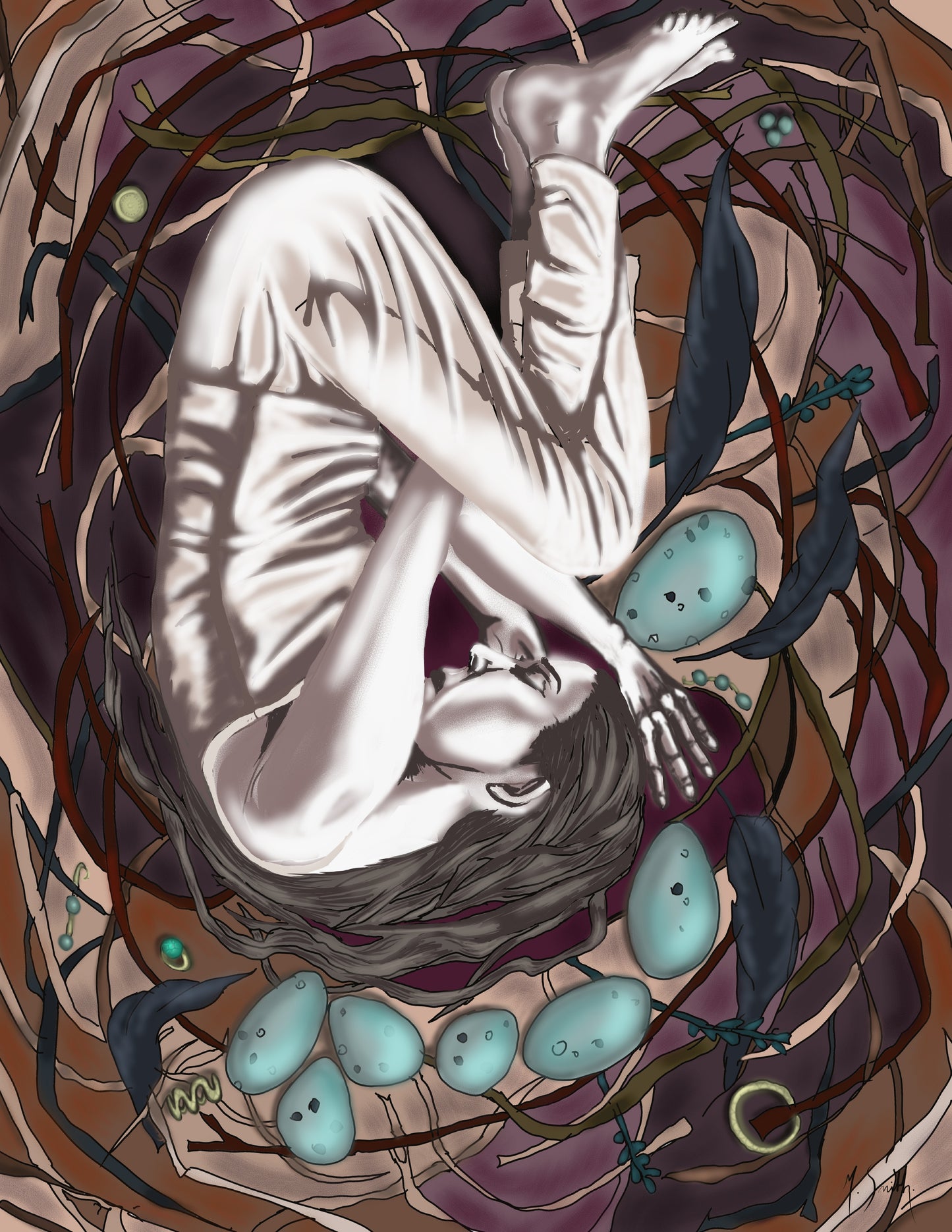 Fine art giclée print featuring a hand-drawn figure representing the Bean Feasa, translated from Irish as wise woman, in a nature-inspired setting with birds nest and eggs.  Metaphorical art by Irish artist Margaret Smith