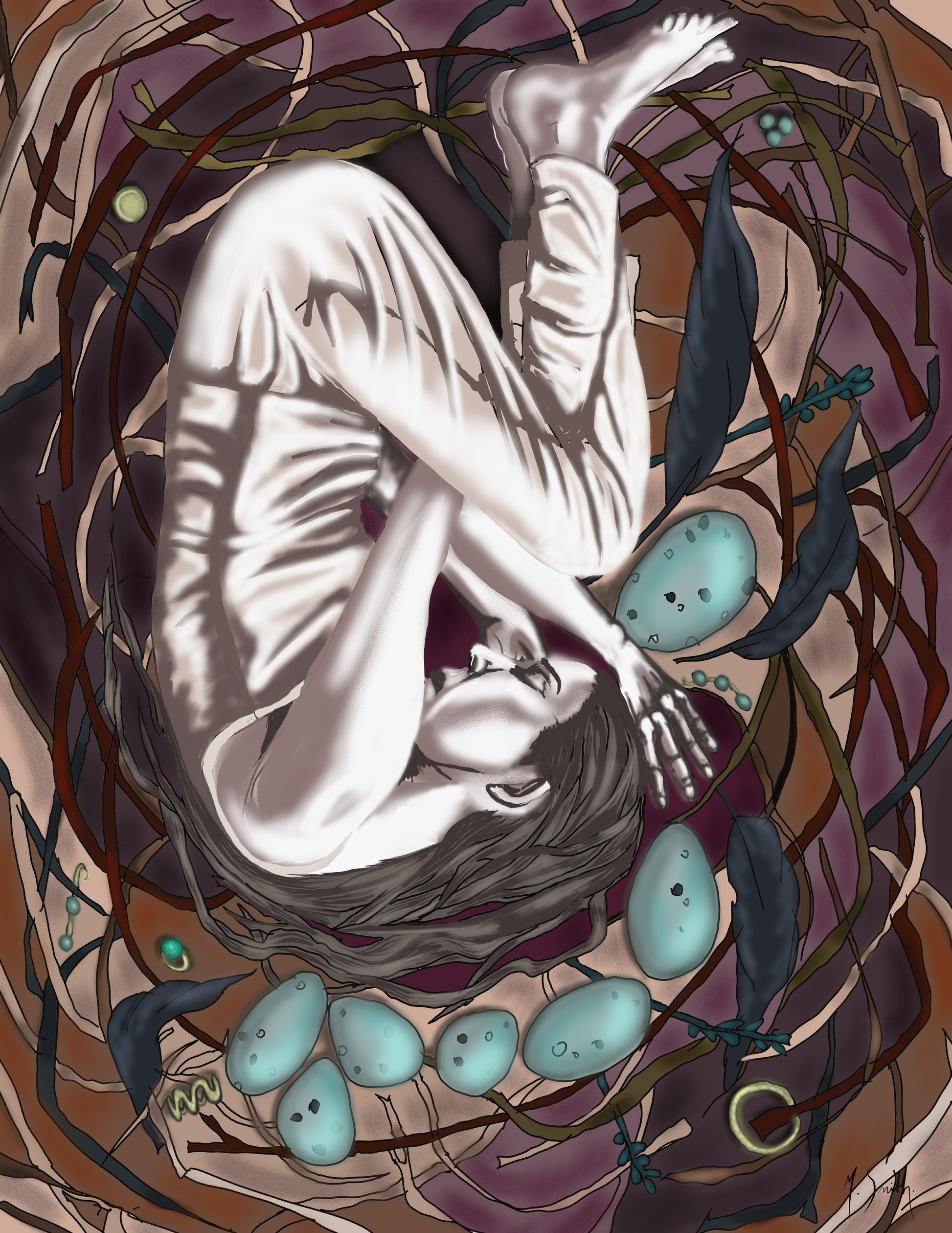 Fine art giclée print featuring a hand-drawn figure representing the Bean Feasa, translated from Irish as wise woman, in a nature-inspired setting with birds nest and eggs.  Metaphorical art by Irish artist Margaret Smith