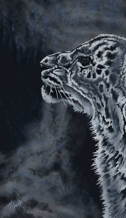 A limited edition fine art print of a snow leopard in a camouflage pattern.