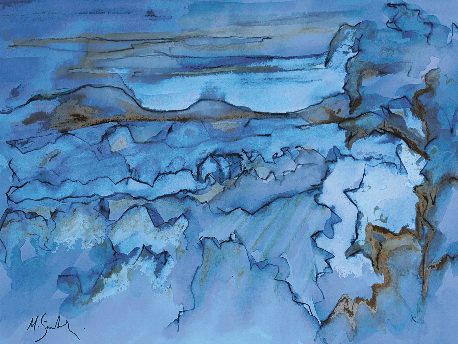 Abstract landscape art piece with blue and brown tones