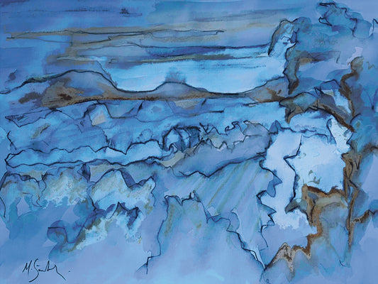 Abstract landscape art piece with blue and brown tones