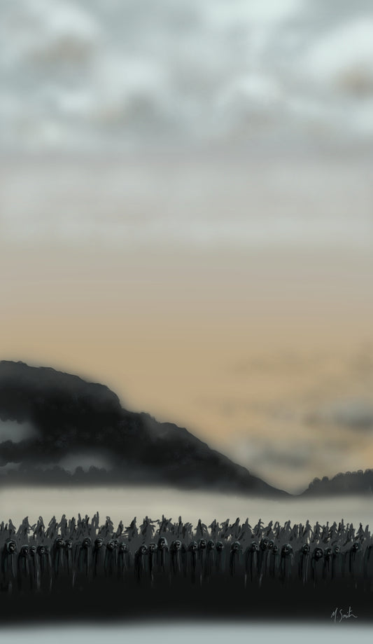 Fine art giclée print of a hand-drawn piece depicting silhouettes of Celtic druids against a misty landscape with mountains.