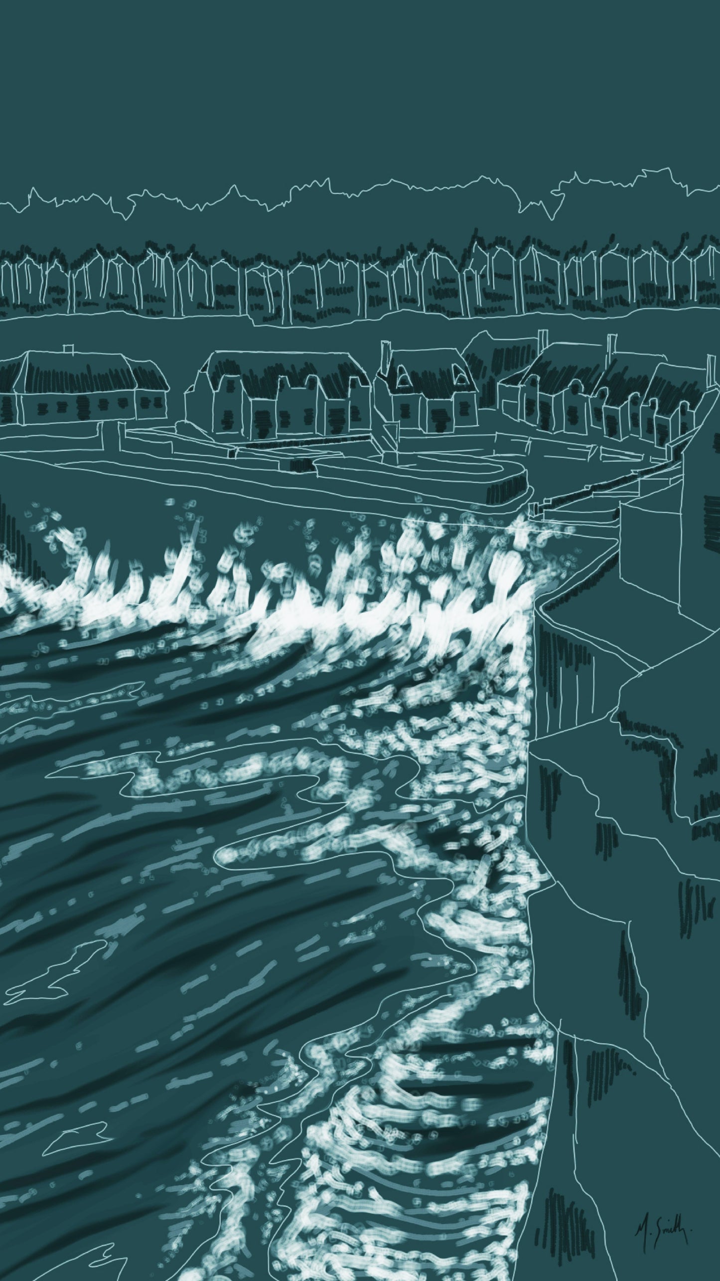A limited edition fine art print titled 'The Edge Of The Island', depicting a coastal scene with waves and thatched roofs.