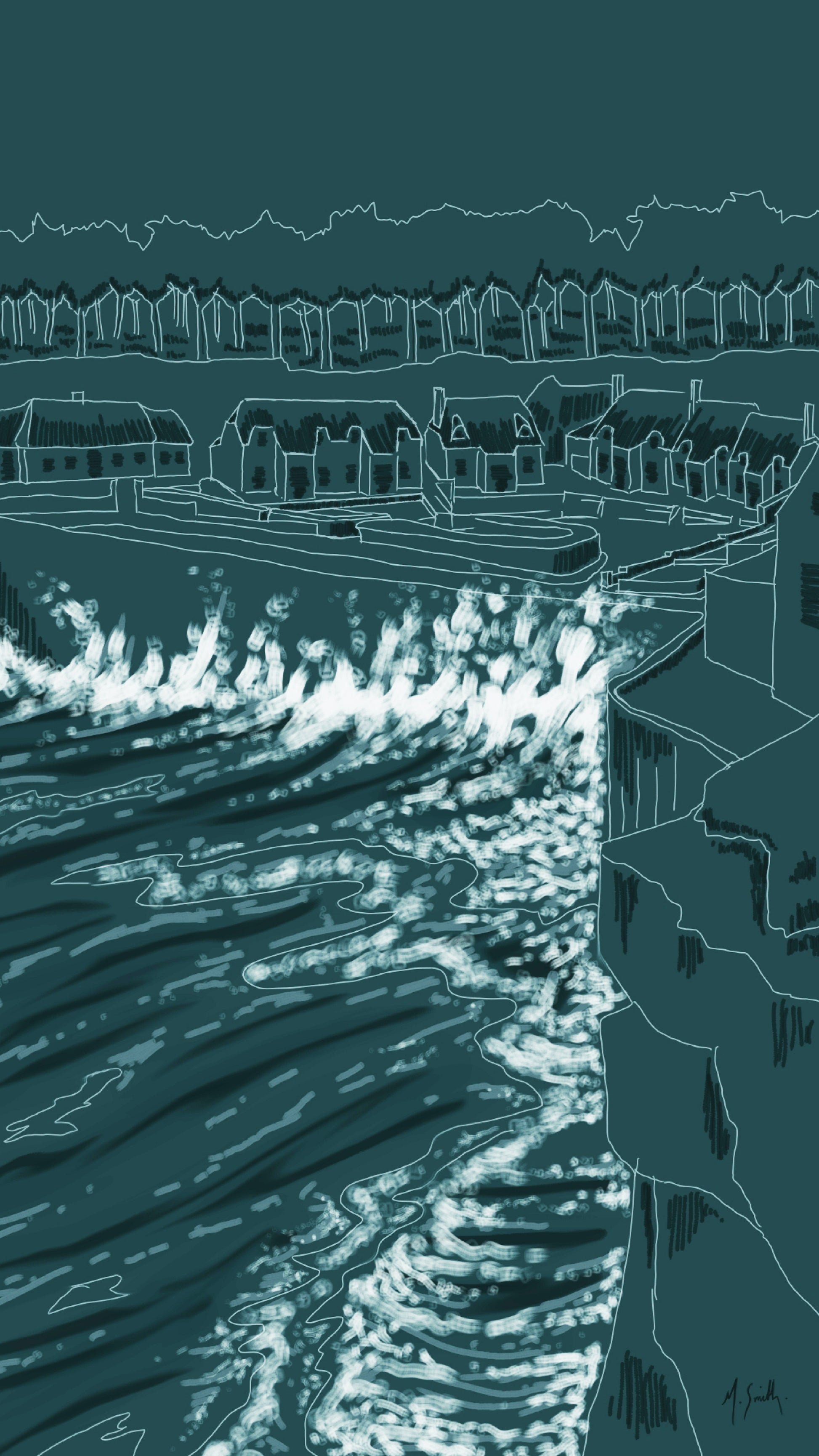 A limited edition fine art print titled 'The Edge Of The Island', depicting a coastal scene with waves and thatched roofs.