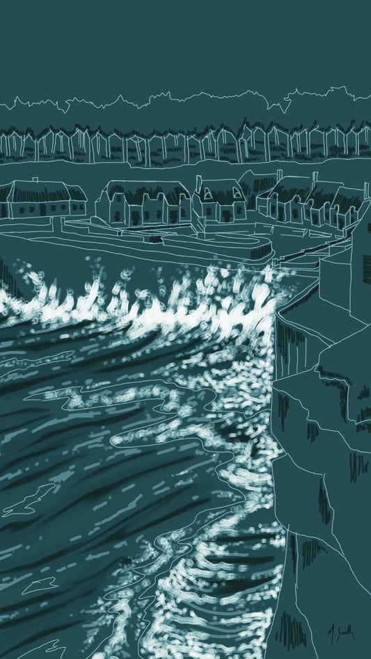 A limited edition fine art print titled 'The Edge Of The Island', depicting a coastal scene with waves and thatched roofs.