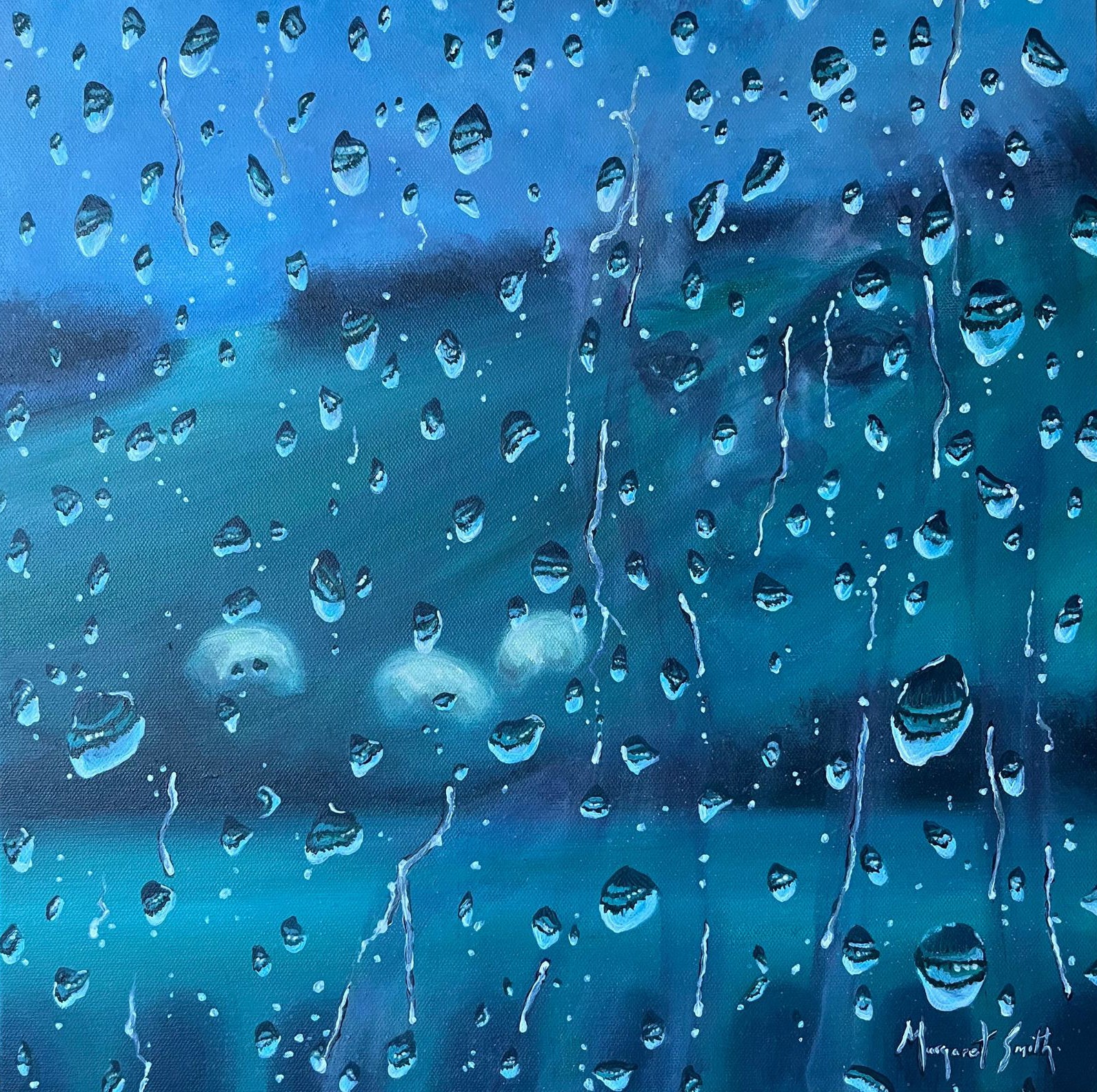 Artistic depiction of a field viewed through raindrops on a window