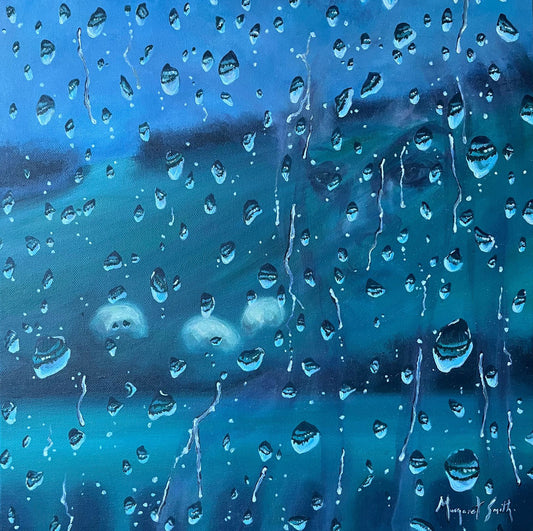 Artistic depiction of a field viewed through raindrops on a window