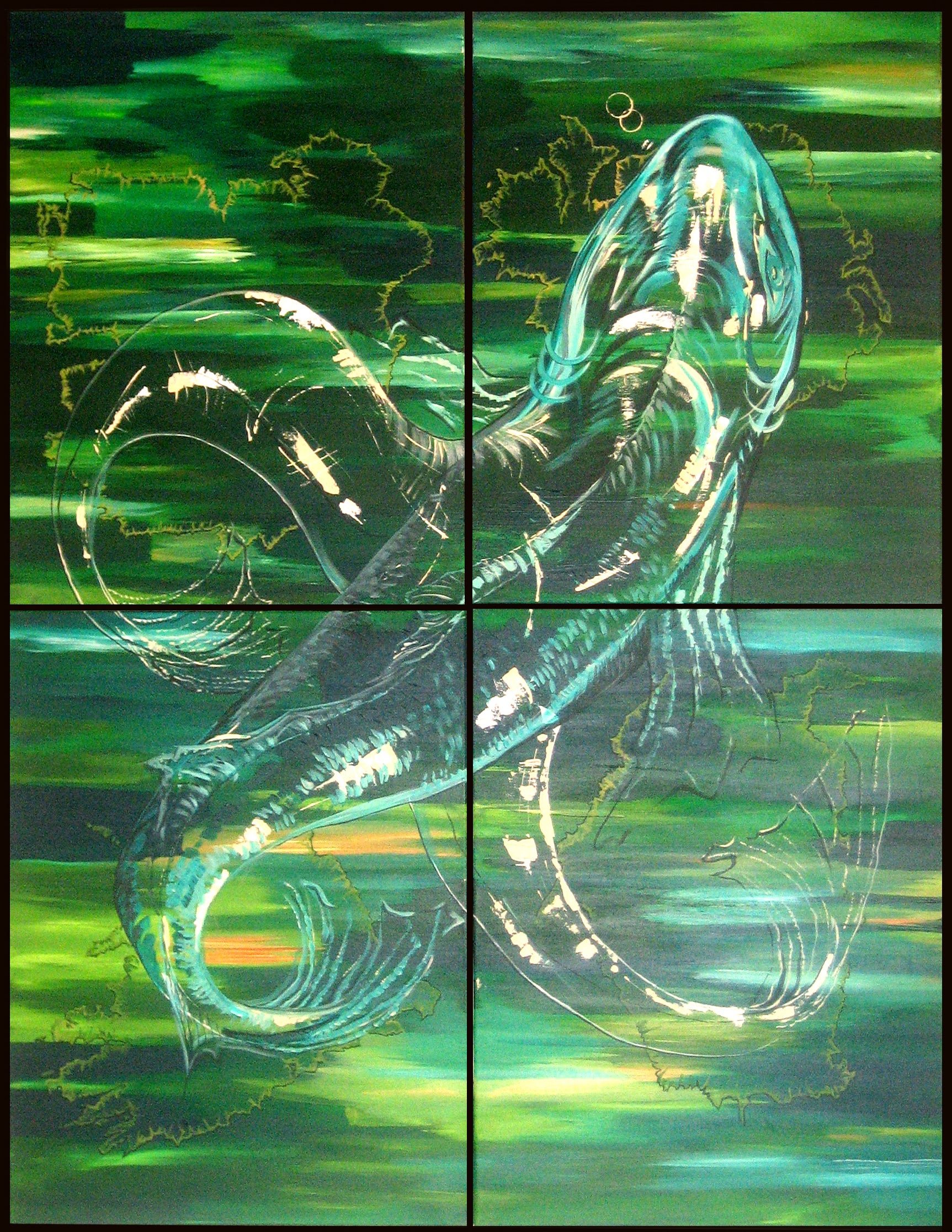 Contemporary painting by Margaret Smith.  A set of four canvas panels with an abstract representation of a fish and green fields, collectively creating a larger artwork depicting the Irish countryside and the Island of Ireland