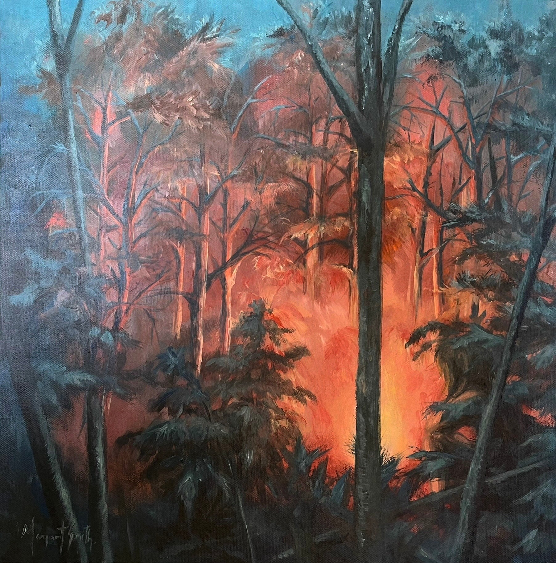 Forest fire scene with trees and foliage, painted in dark and warm tones.