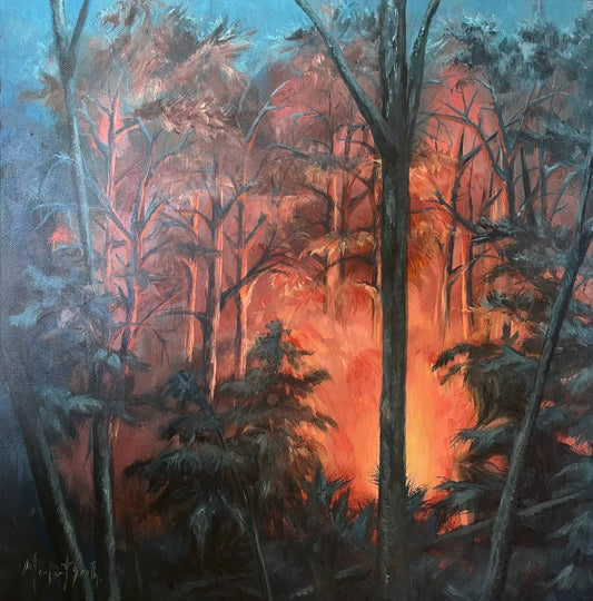 Forest fire scene with trees and foliage, painted in dark and warm tones.
