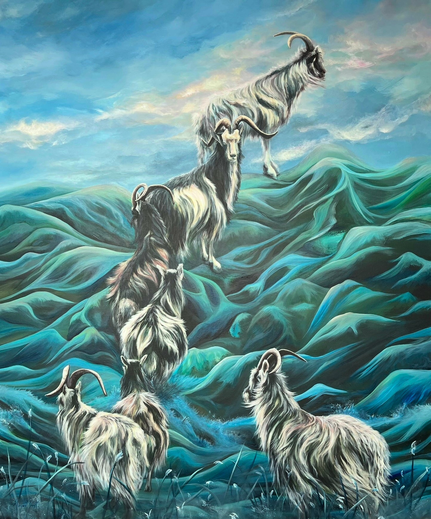Painting of goats on a mountainous landscape with a blue sky.  Picking their way through life.