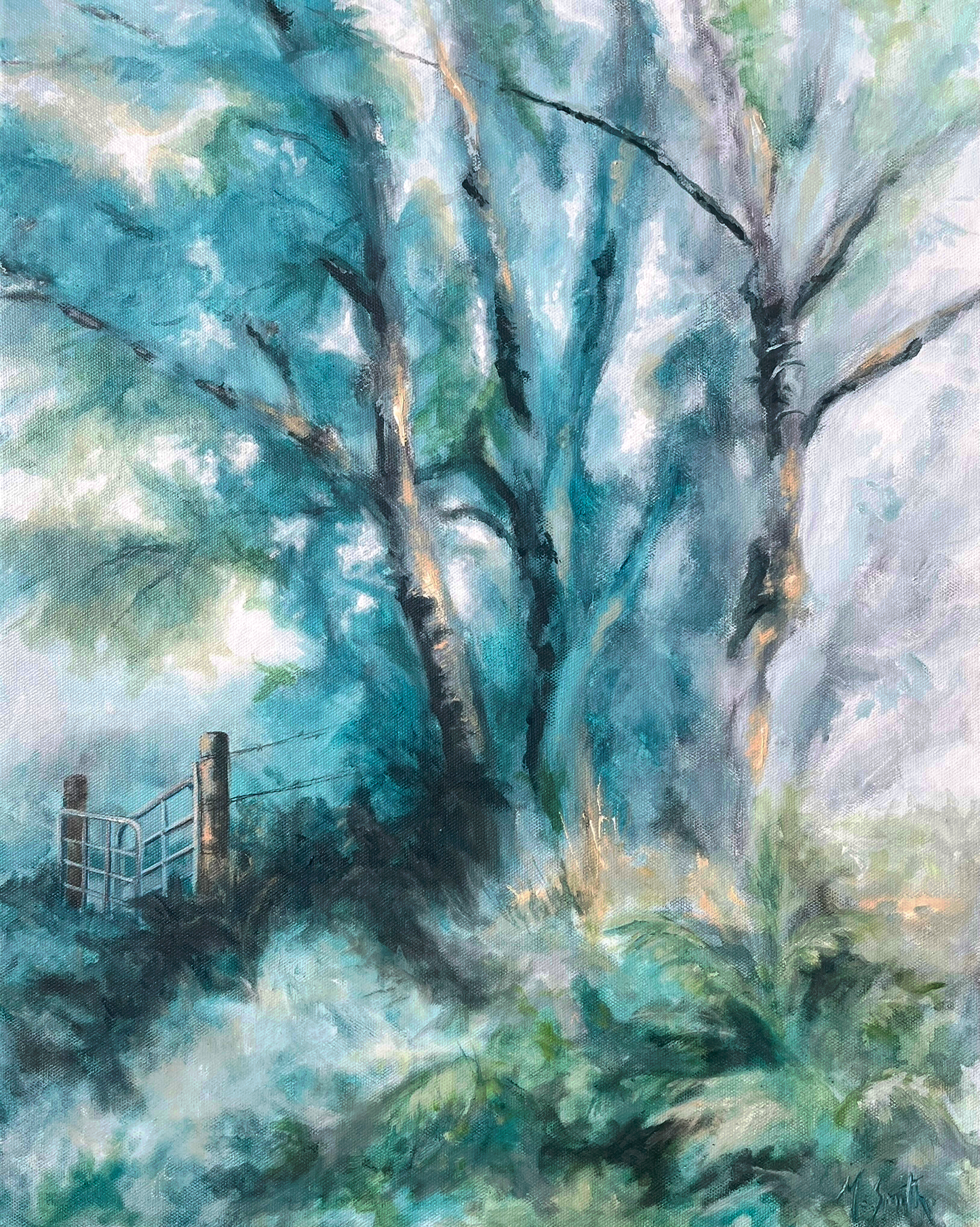 Artistic depiction of a forest scene with trees and a fence.
