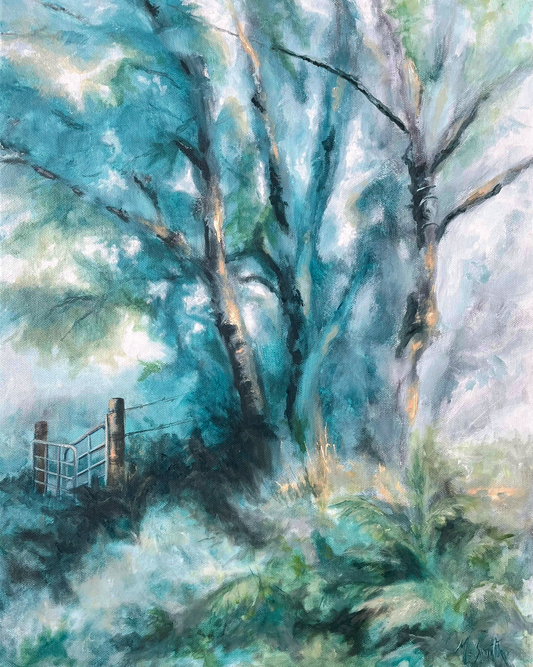 Artistic depiction of a forest scene with trees and a fence.
