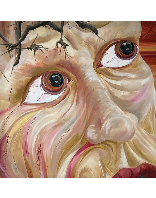 An original acrylic painting by Irish artist Margaret Smith, painting on canvas featuring a contemporary, portrait-style face with a background of fire and brimstone, symbolizing a religious or spiritual theme.