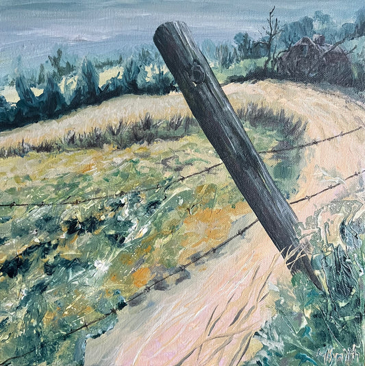 Barbed wire fence with wooden post in a landscape painting