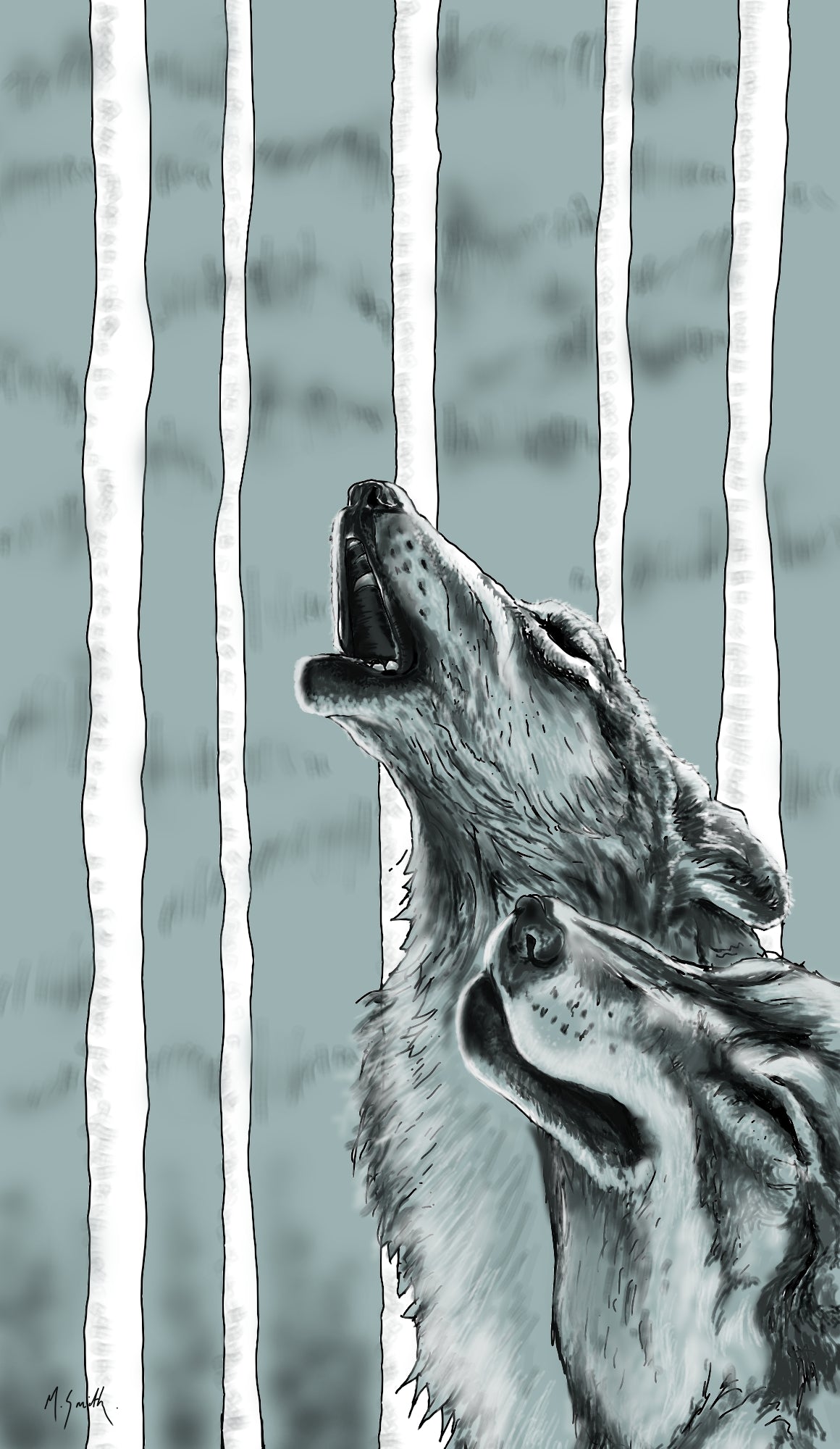 Limited Edition Fine Art Giclee Print of an Irish wolf depicted in a limited palette drawing style with a background of vertical lines depicting an abstrat tree scape