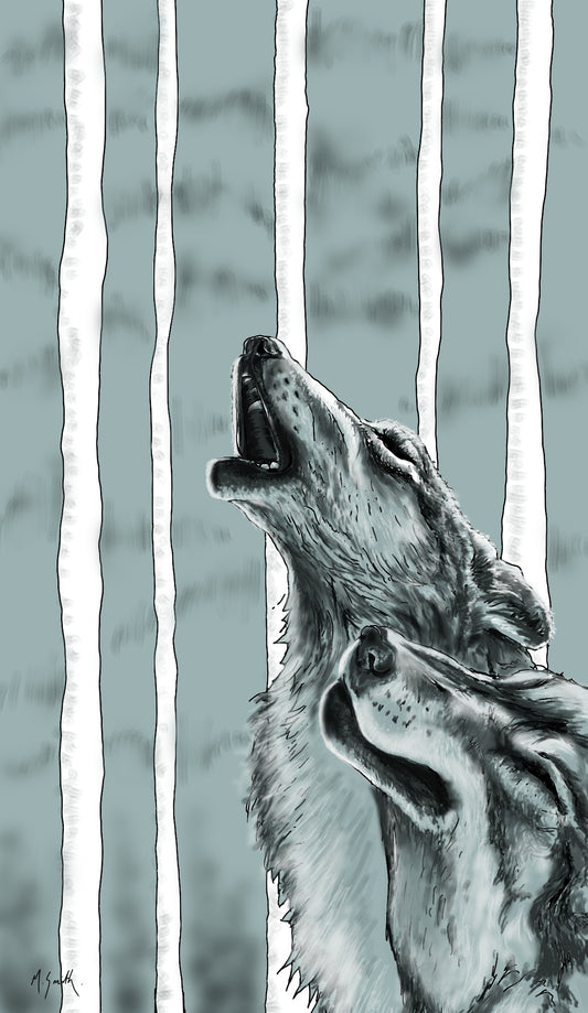 Limited Edition Fine Art Giclee Print of an Irish wolf depicted in a limited palette drawing style with a background of vertical lines depicting an abstrat tree scape
