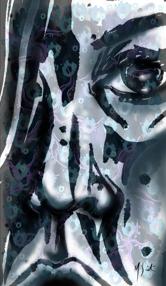 A limited edition fine art giclée print featuring a stylized, abstract portrait with elements that evoke a mythological sea creature.