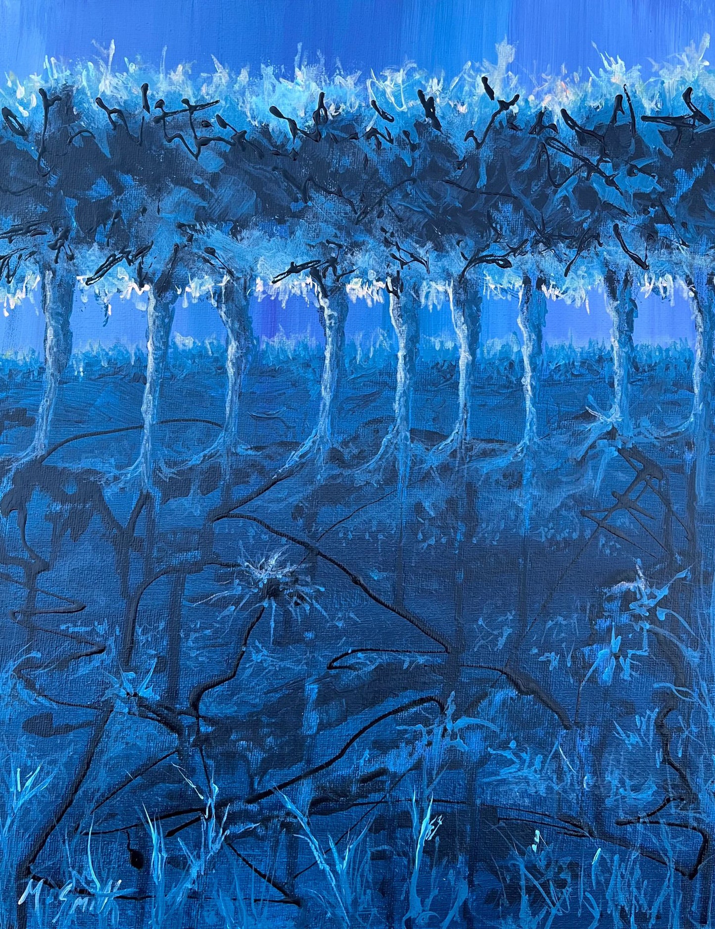 Abstract blue landscape artwork with tree-like shapes and patterns