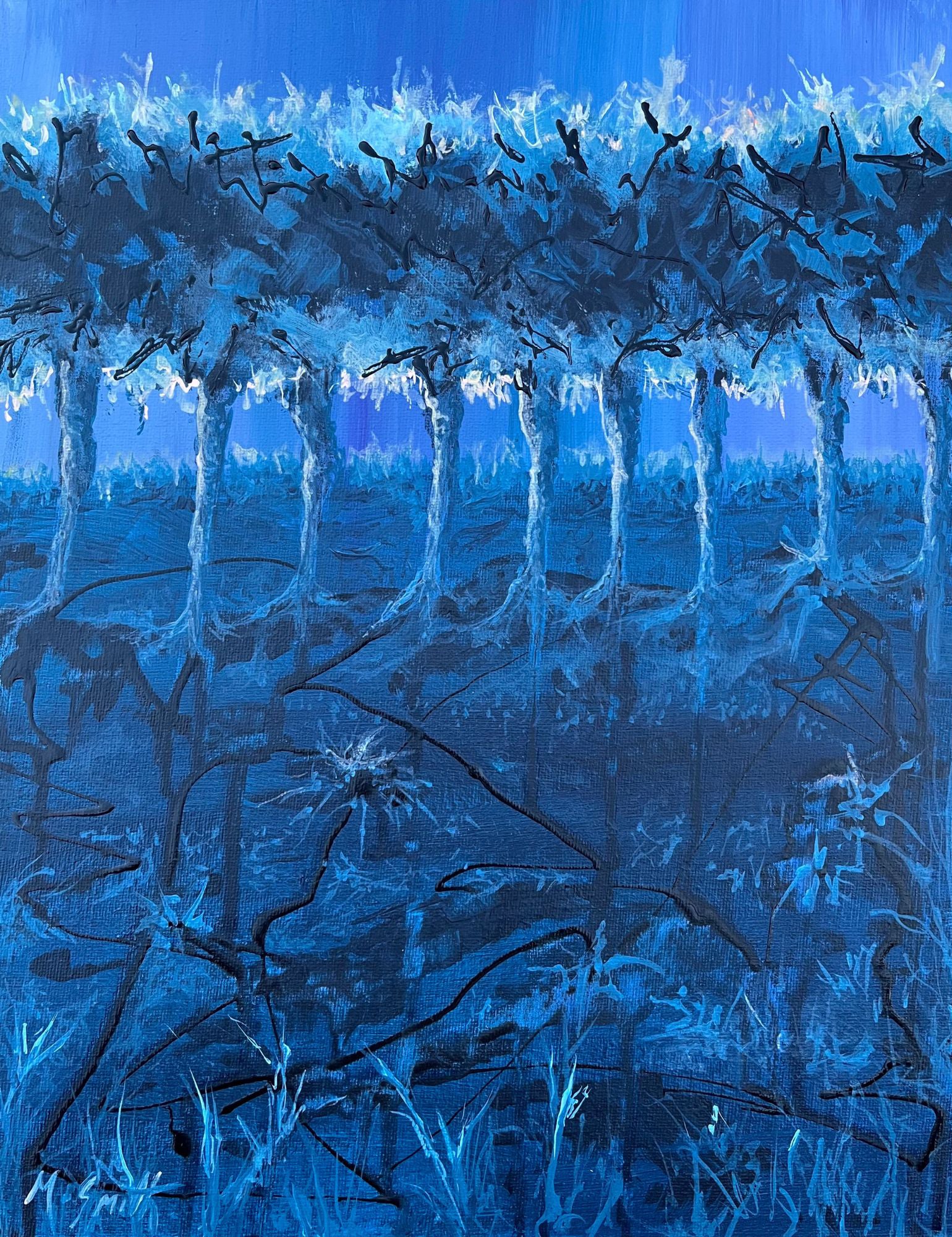 Abstract blue landscape artwork with tree-like shapes and patterns