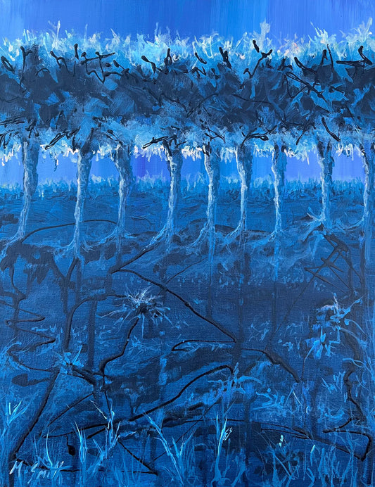 Abstract blue landscape artwork with tree-like shapes and patterns