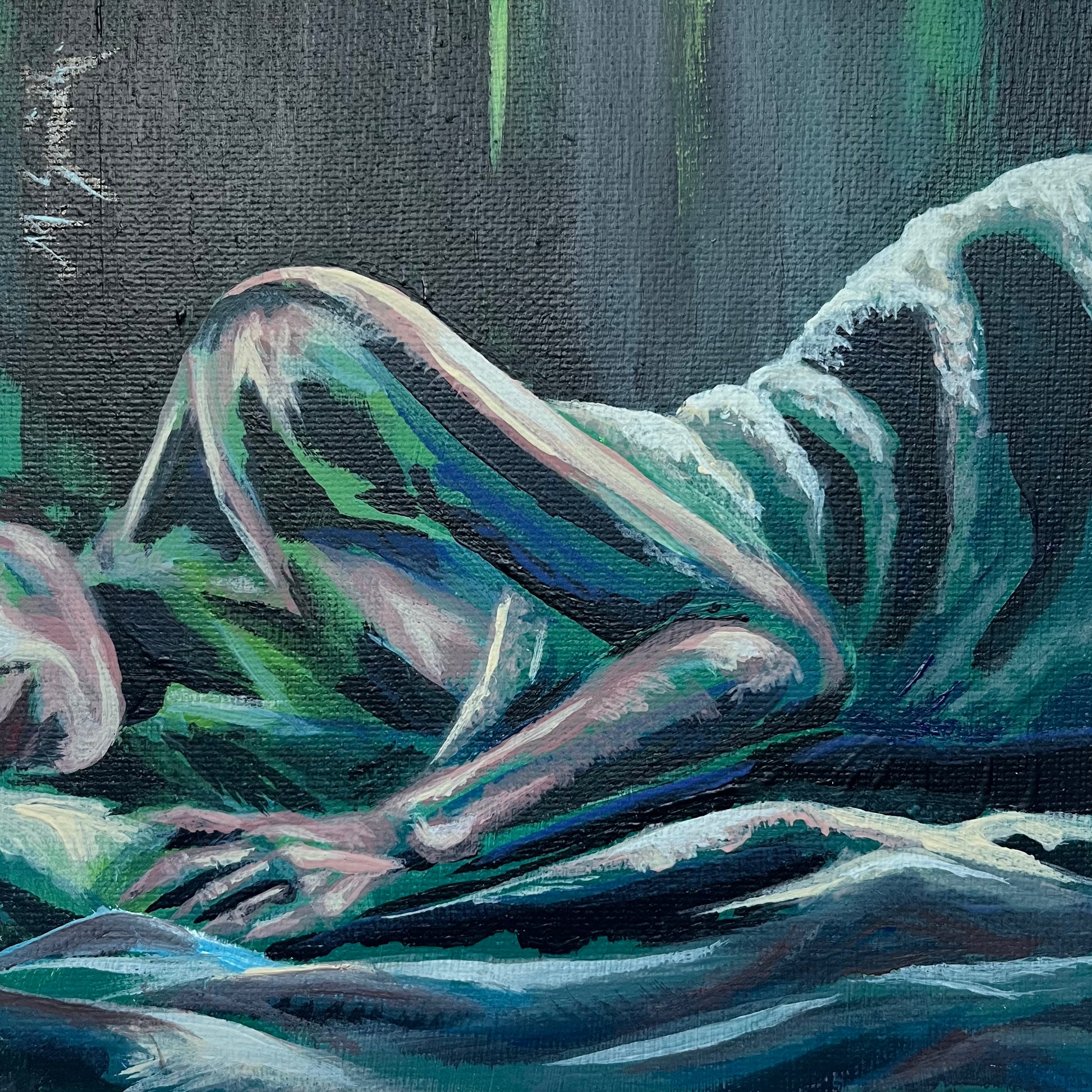 A limited edition fine art print titled 'Repose', depicting an abstract, fluid-like female form in shades of blue and green on a dark background.
