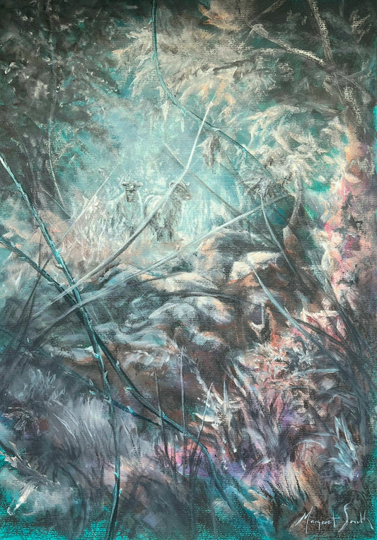 Abstract landscape artwork featuring a blend of dark and light textures with hints of blue and green, title 'Same World, But Different' by Margaret Smith at moth+Mink.