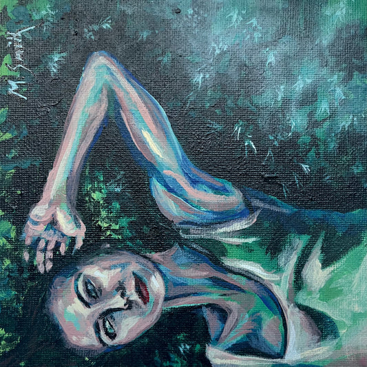 A limited edition fine art print titled 'Sky Swim' from 'The Finite Freedoms' series, featuring an abstract representation of a figure in a whimsical pose against a celestial-themed but abstract ground scape background.