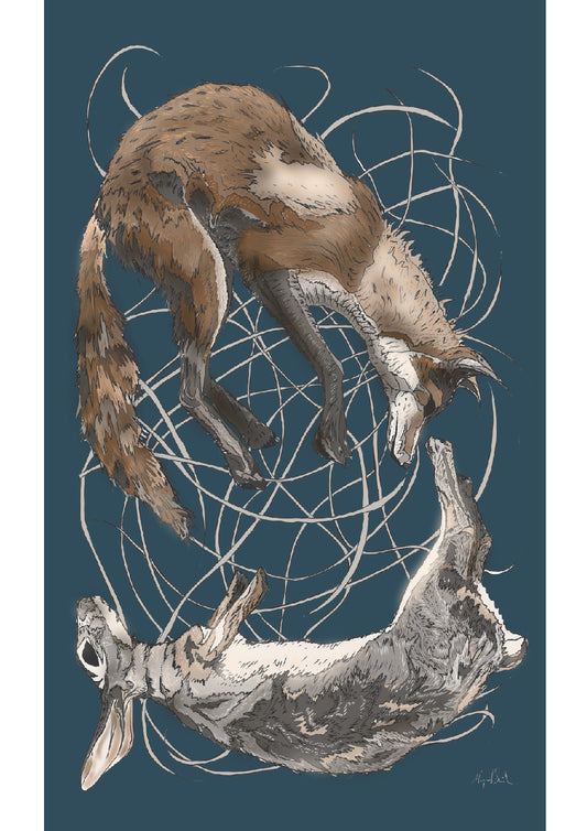 A fine art print featuring hand-drawn illustrations of a fox and a rabbit in a circular motion, suggesting the predator-prey relationship.  Painting by Irish artist Margaret Smith