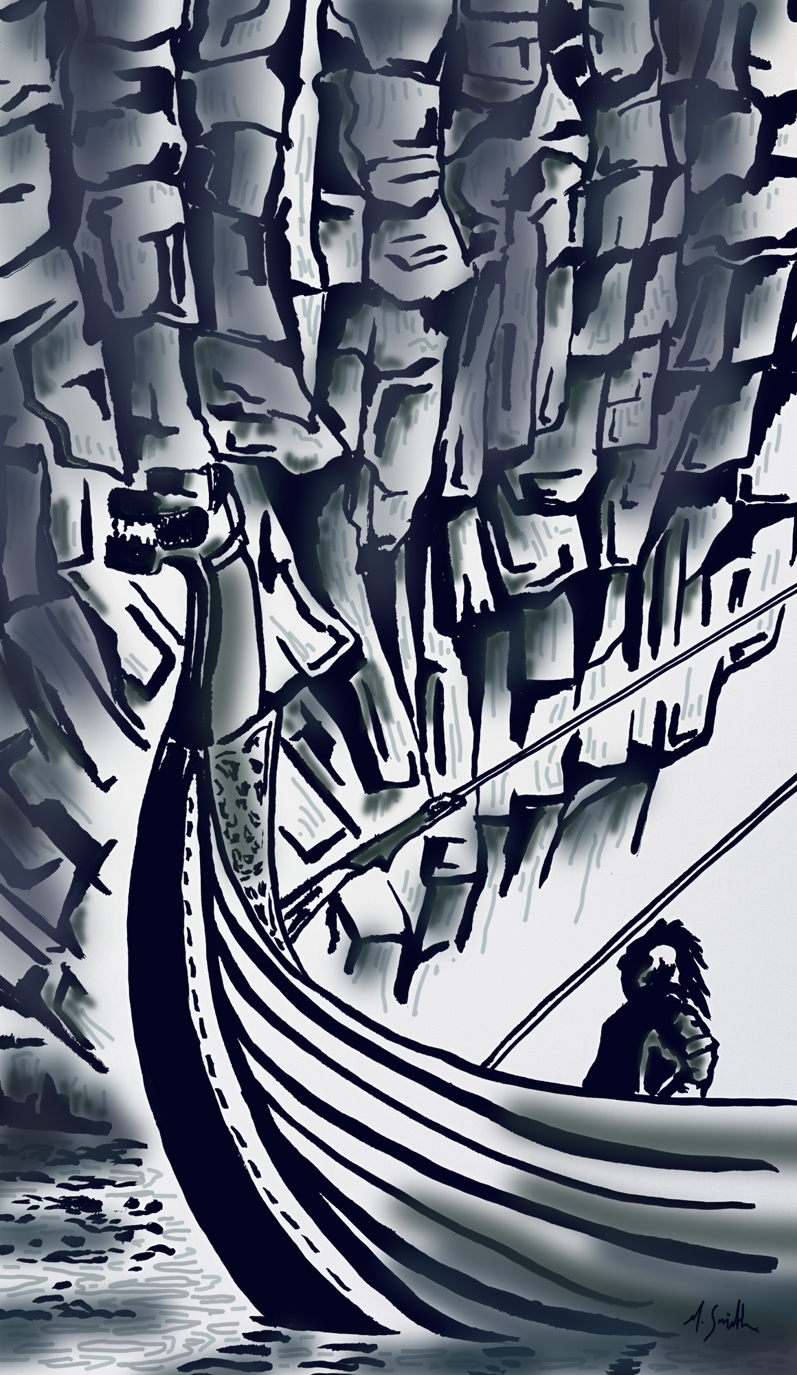 Vikings reach the Irish Shores painting by Margaret Smith, ink 