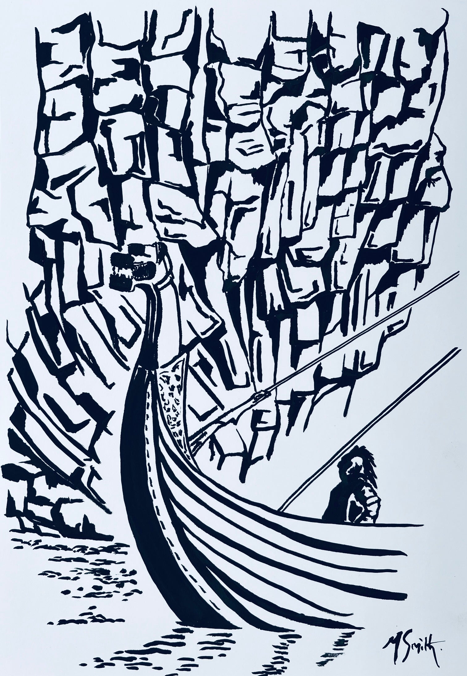 A fine art print of Margaret Smith's painting featuring a monochrome (black and white) illustration of a Viking ship and a figure on board, with a stylized representation of the sea and land.