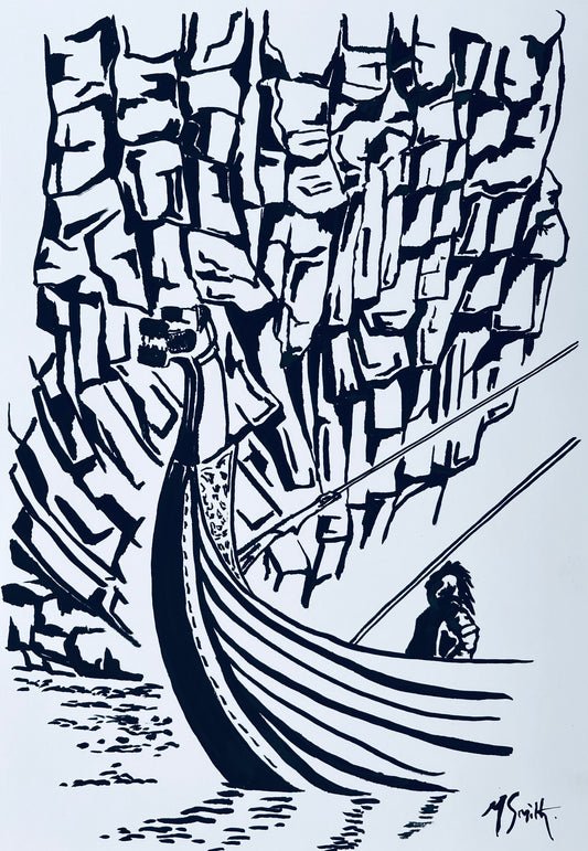 A fine art print of Margaret Smith's painting featuring a monochrome (black and white) illustration of a Viking ship and a figure on board, with a stylized representation of the sea and land.