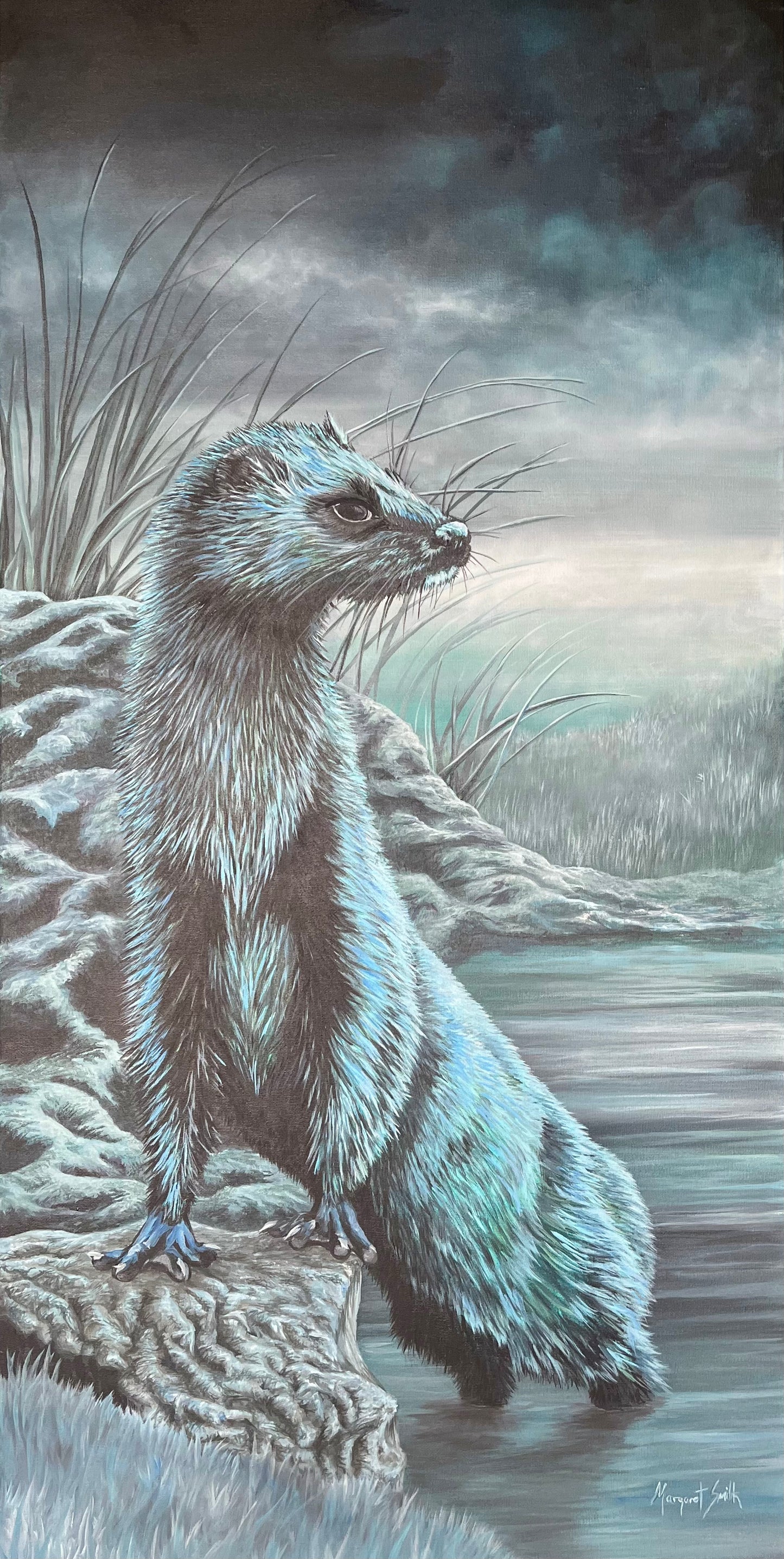 Original acrylic painting on canvas by Irish Artist Margaret Smith featuring a mink by the water's edge with a stormy background.