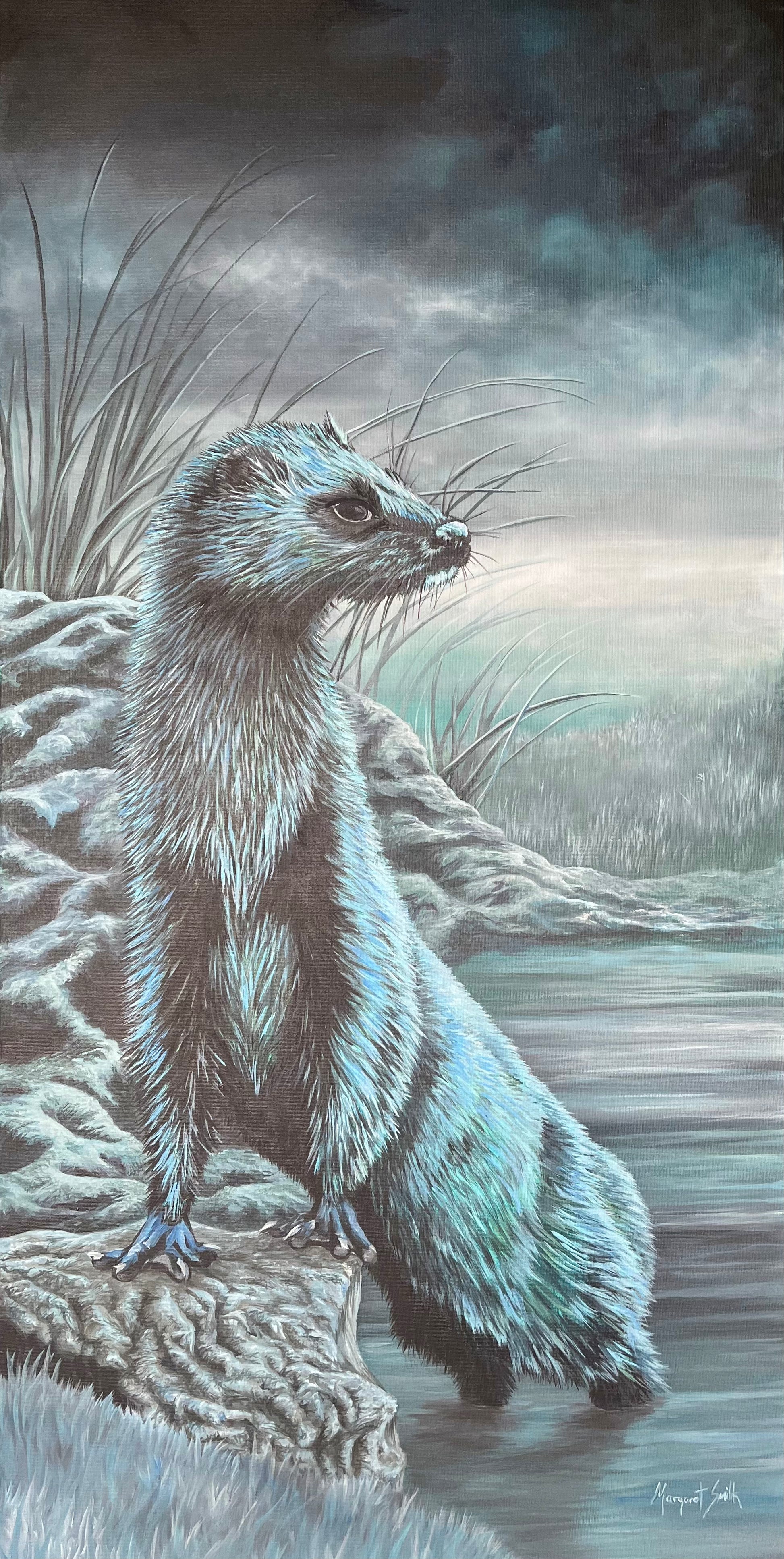 Original acrylic painting on canvas by Irish Artist Margaret Smith featuring a mink by the water's edge with a stormy background.