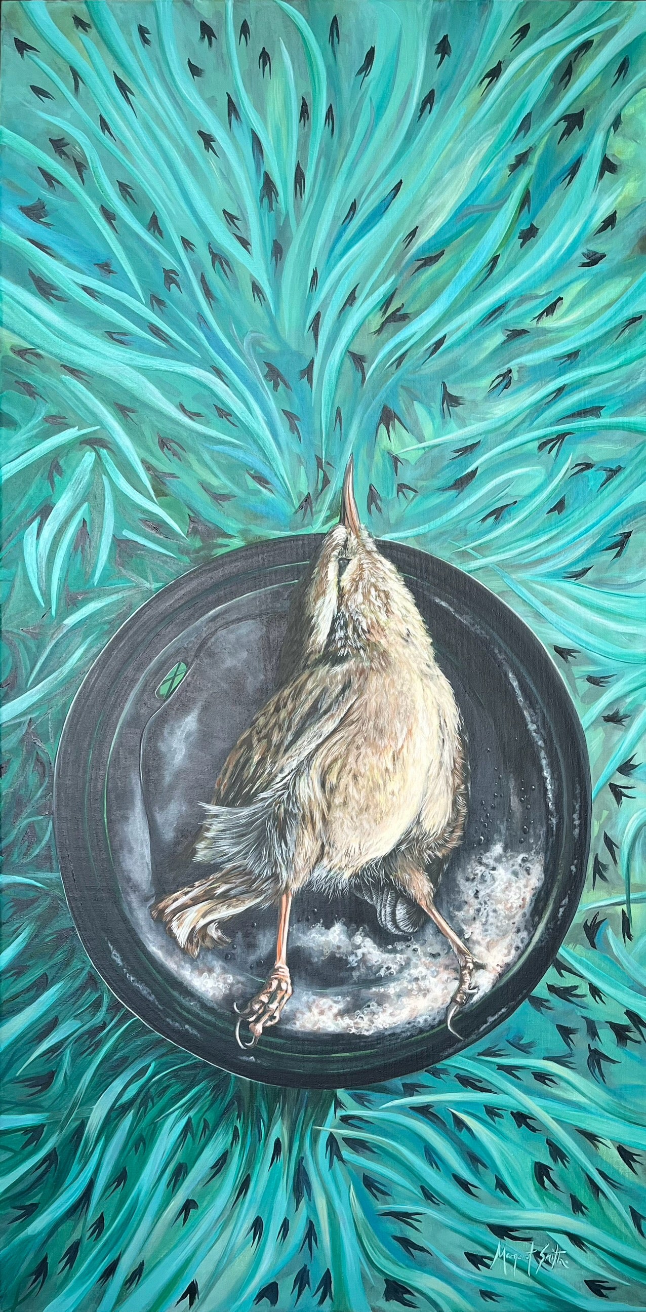 Artistic depiction of a bird on a black coffee cup lid with a teal abstract background