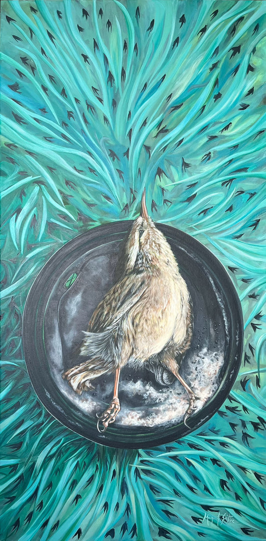 Artistic depiction of a bird on a black coffee cup lid with a teal abstract background