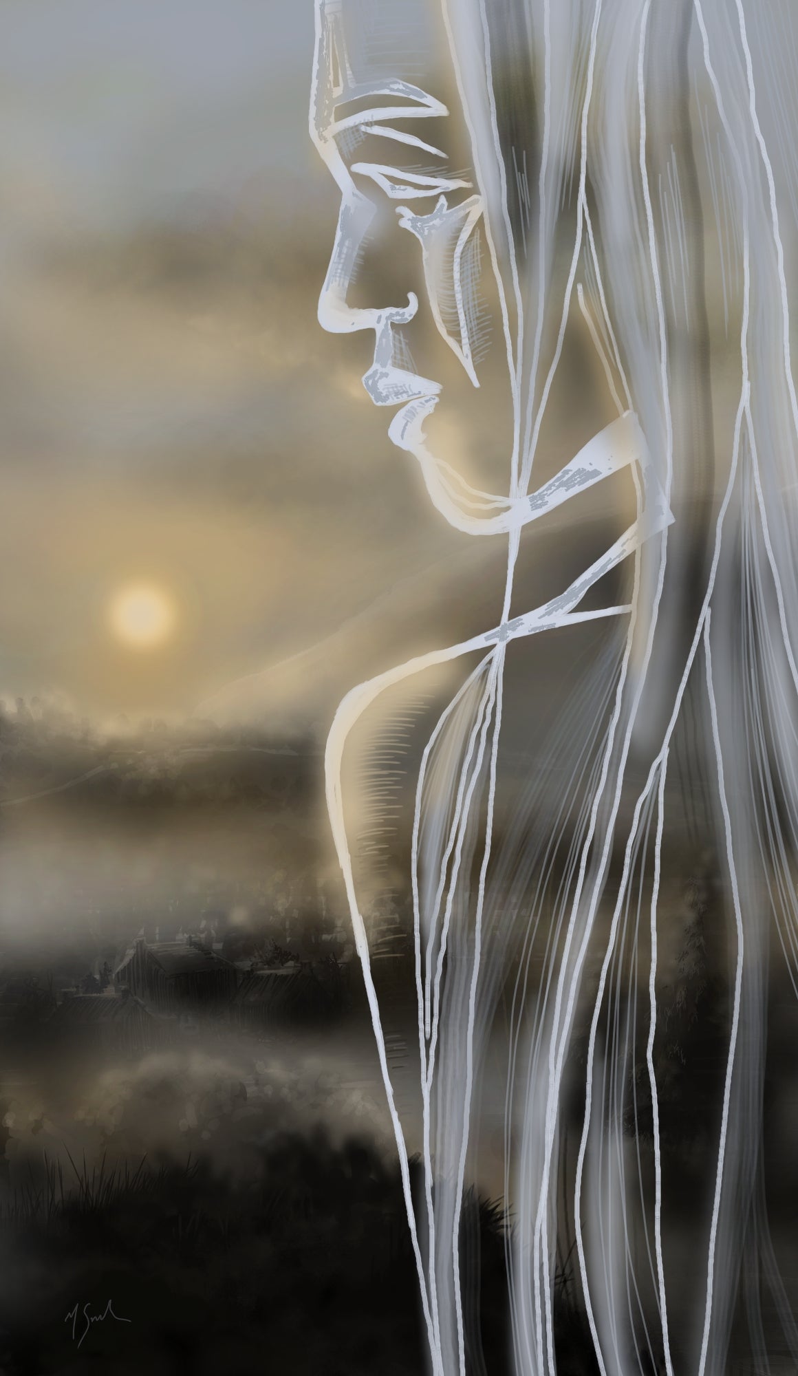A fine art print featuring a hand-drawn illustration of a figure with a pale complexion and long, flowing hair, set against a background with a misted sun and clouds.