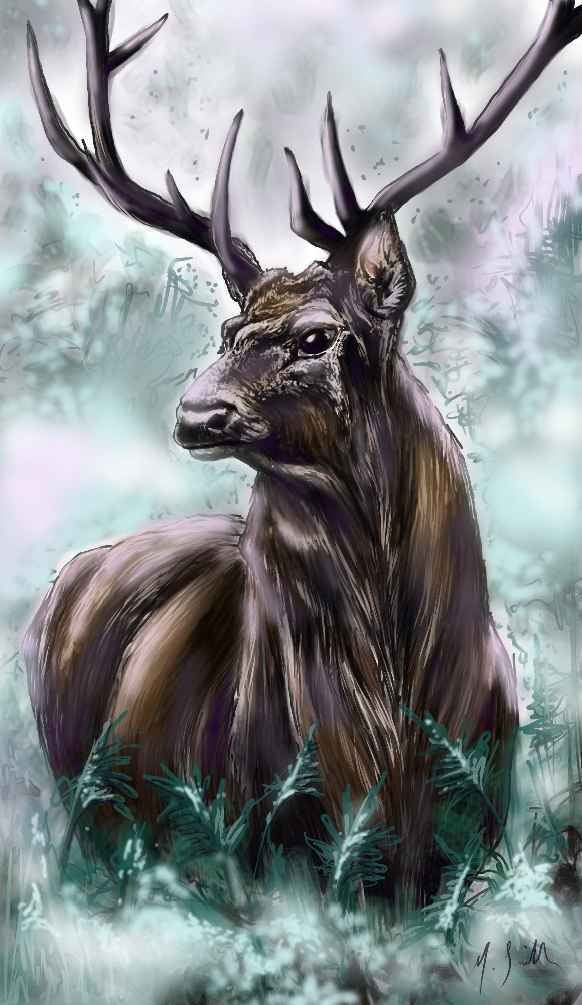 A fine art print featuring a hand-drawn image of a stag with a full rack of antlers, set against a semi abstract, foggy background, surrounded by greenery.