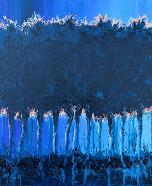 Artistic depiction of a dark tree line representing a group of fairy trees on a hill top against blue indigo background