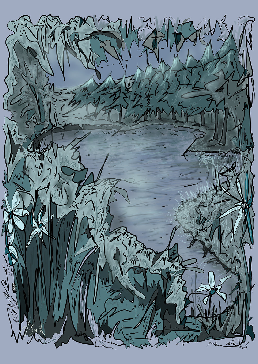 Irish forest and lake scene by Irish artist Margaret Smith.  A fine art print featuring a hand-drawn contemporary landscape with a serene lake surrounded by trees and foliage, evoking a moody and tranquil atmosphere.