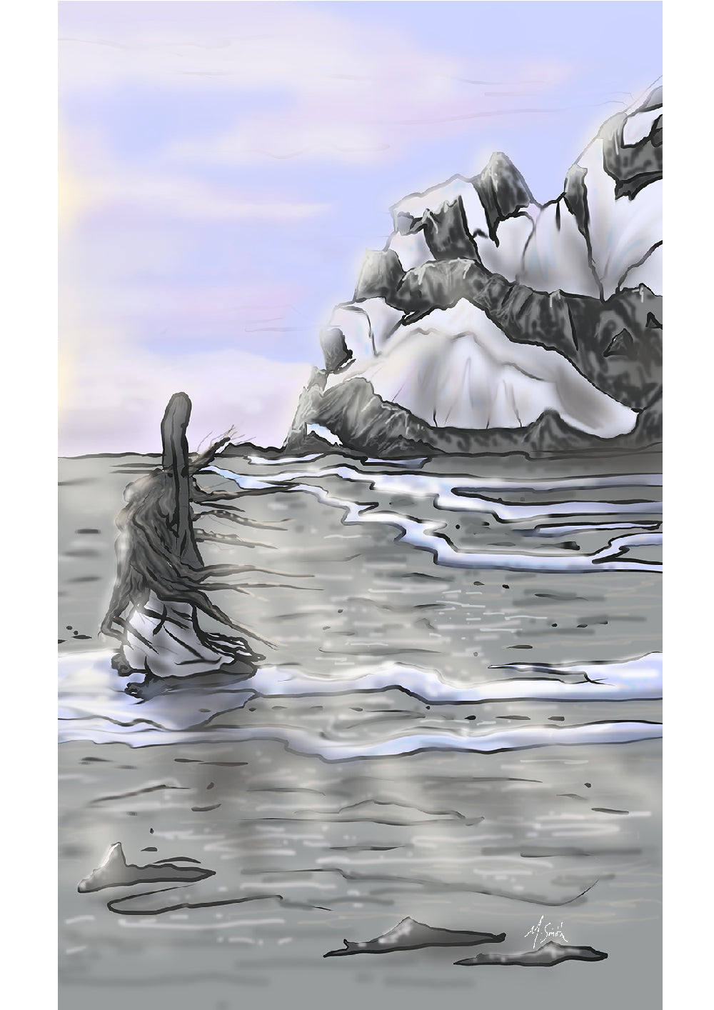 contemporary art piece of a female figure giving way to the might of the land forms.  contemporary depiction of relationship with humans and nature.  Painting by Irish artist Margaret Smith at MOTH and Mink